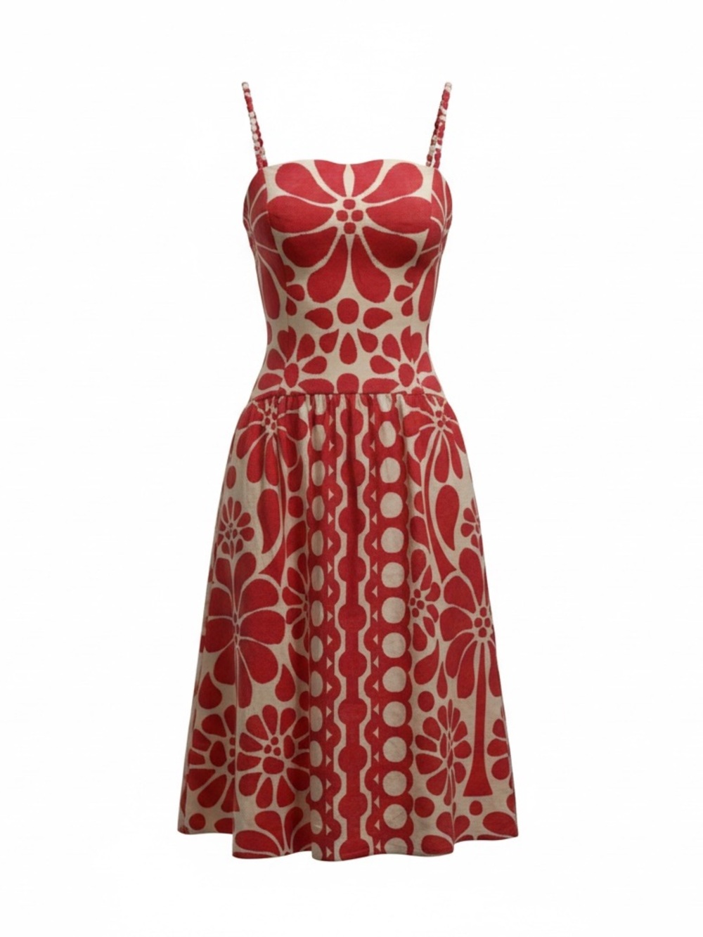 Christian Lacroix Red & Ivory Floral Linen-Blend Midi Dress